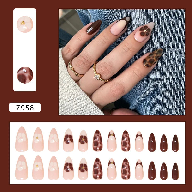 24pcs Autumn Brown French Fake Nails