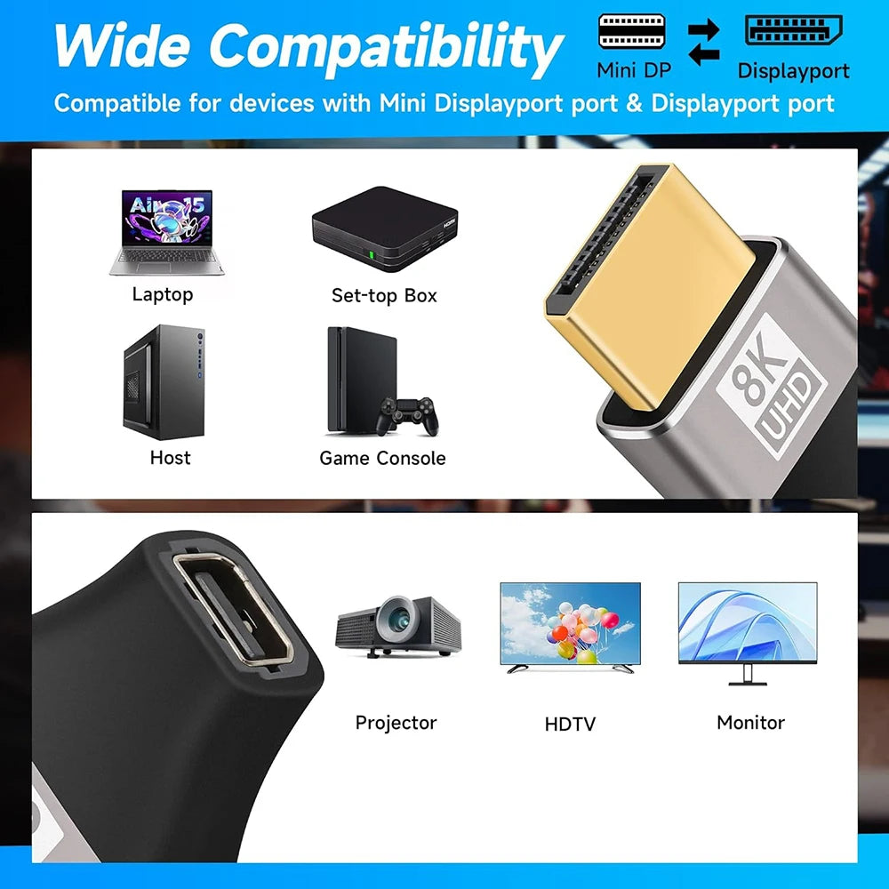 Mini DisplayPort to DisplayPort Adapter 8K60Hz DP2.1 Female to MiniDP Male Bi-Directional