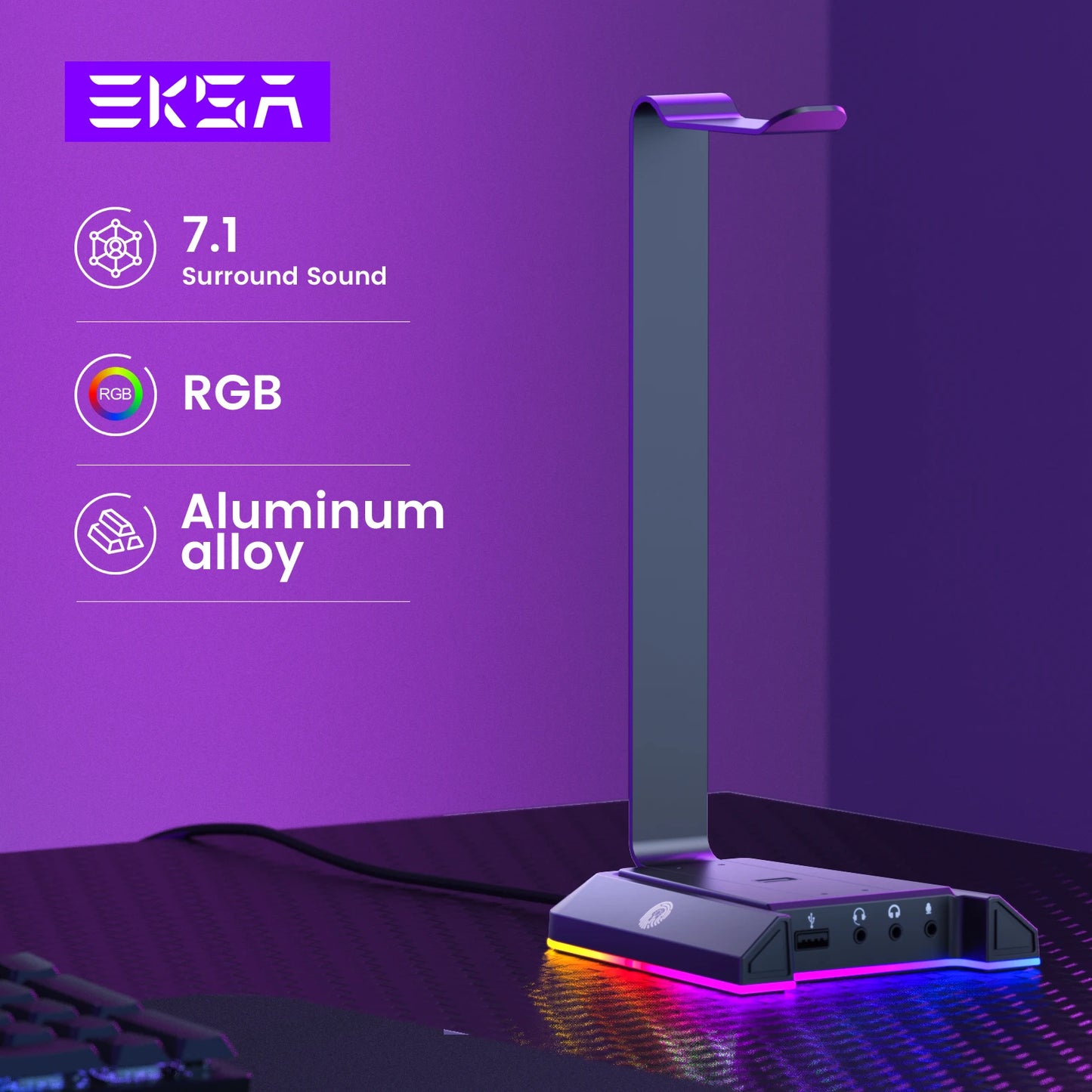 EKSA W1 Gaming Headset stand with 7.1 Surround/2 USB and 3.5mm Ports RGB