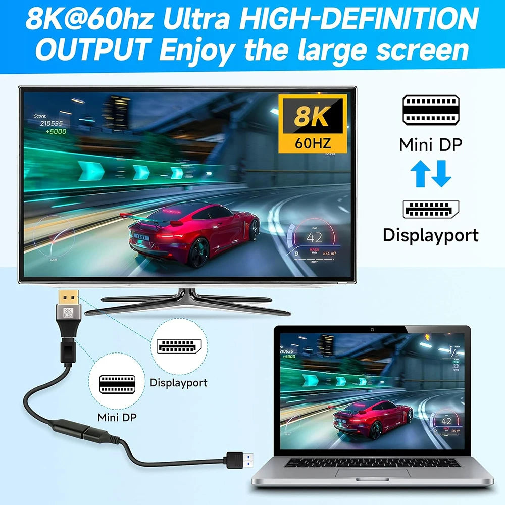 Mini DisplayPort to DisplayPort Adapter 8K60Hz DP2.1 Female to MiniDP Male Bi-Directional