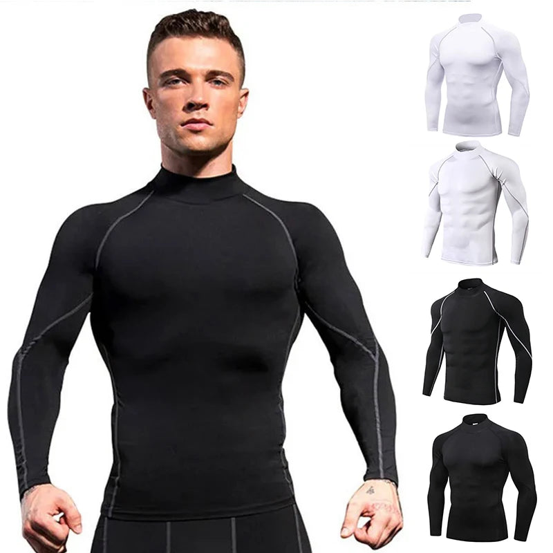 Men Compression Sport T Shirt Long Sleeve Fitness Shirt Man High Collar Bodybuilding Gym Top Quick Dry Football Running T Shirts