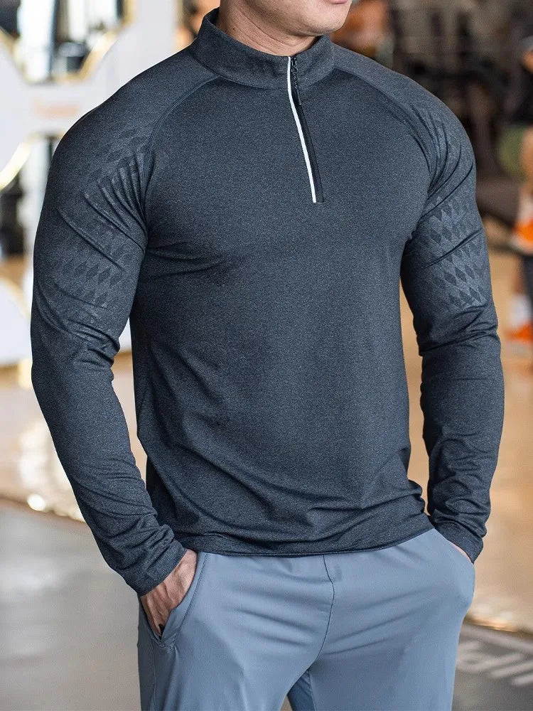 Men Shirt long Sleeve Tees elastic fit Sports training Fitness Quick dry Zip collar Polo T Shirt