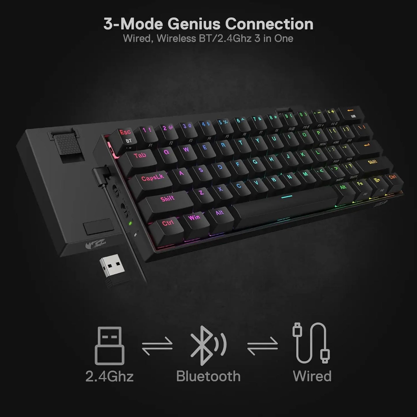 RGB 3-Mode 61 Keys Gaming Hot-Swap Mechanical Keyboard