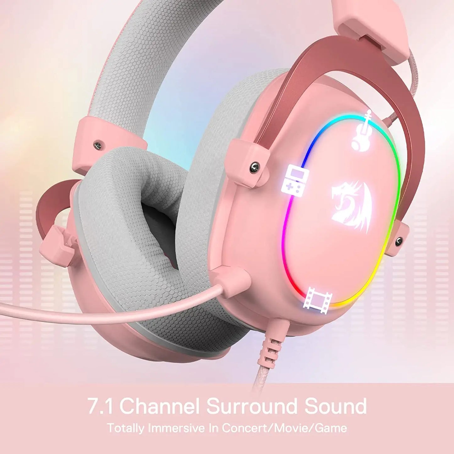 Redragon Pink Earpiece RGB Wired Gaming Headset - 7.1 Surround Sound Multi Platforms