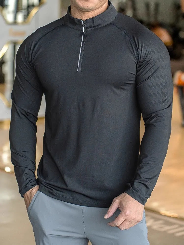 Men Shirt long Sleeve Tees elastic fit Sports training Fitness Quick dry Zip collar Polo T Shirt