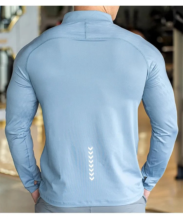 Men Shirt long Sleeve Tees elastic fit Sports training Fitness Quick dry Zip collar Polo T Shirt
