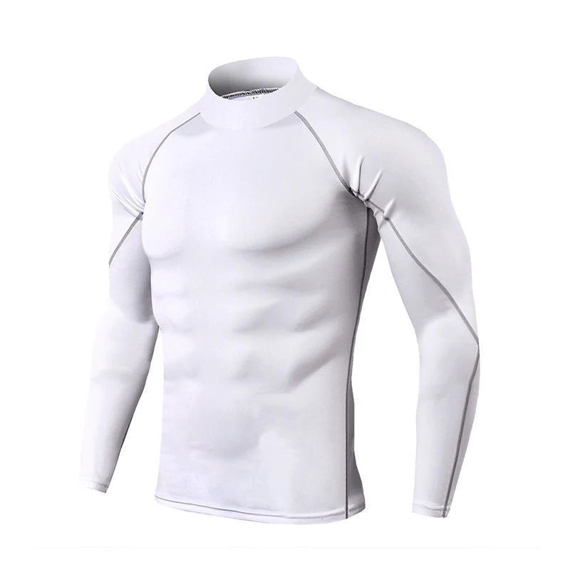 Men Compression Sport T Shirt Long Sleeve Fitness Shirt Man High Collar Bodybuilding Gym Top Quick Dry Football Running T Shirts