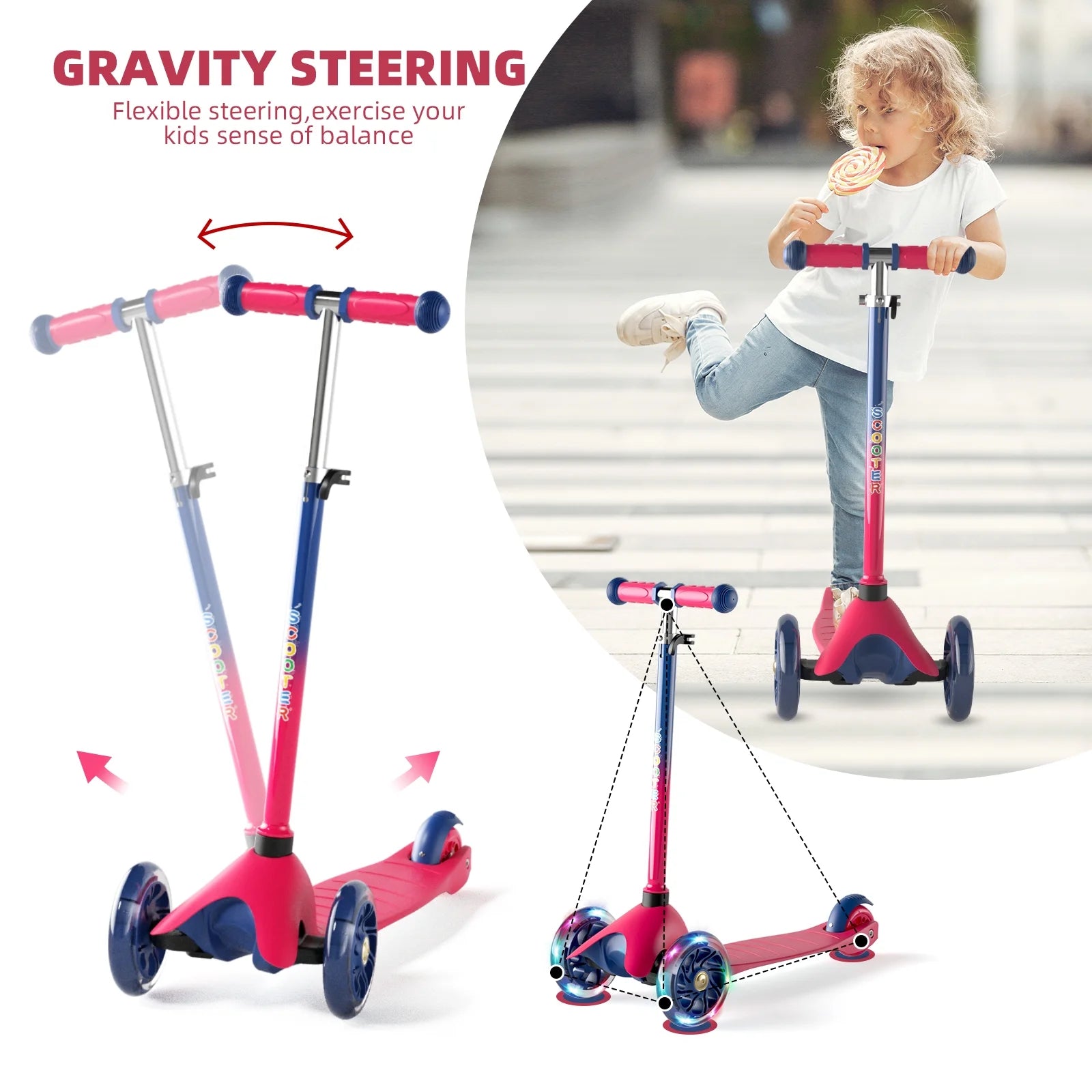 Kids Scooter Kick Scooter 3 Wheel Adjustable Height Light up LED Wheels for Kids Boys Girls Ages 2-5