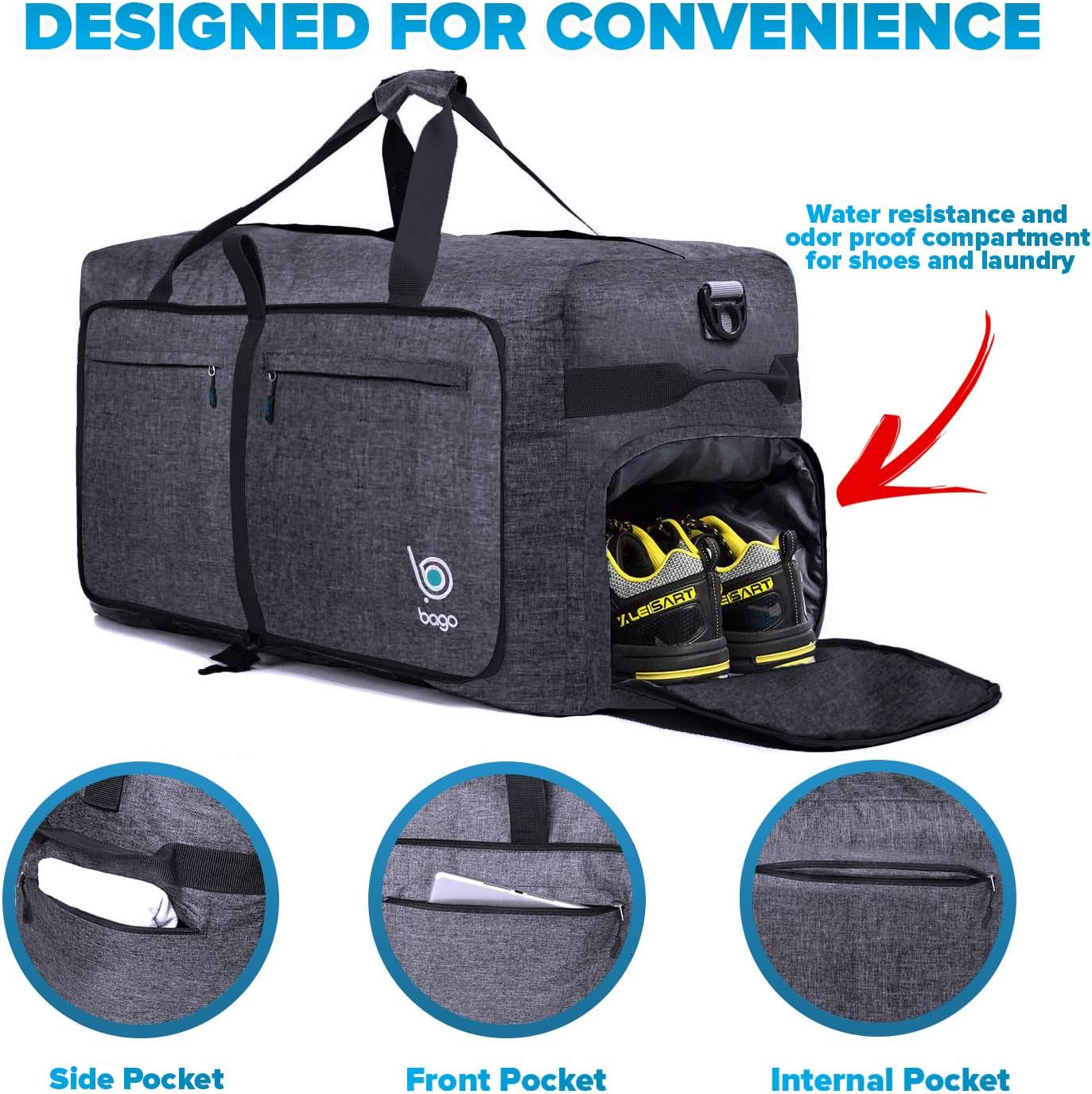 Large Foldable Duffel Bags for Traveling Women & Men - 100L Packable Duffle Bag for Travel with Shoe Compartment - Water Repellant, Heavy Duty, Lightweight Folding & Collapsible (Snowblack)