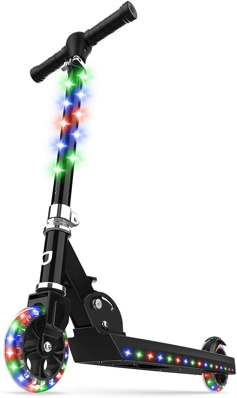 2-Wheel Light-Up Kick Scooter, Light up Deck and Wheels, Height Adjustable Handlebar, Rear Brake, Easy-Folding Mechanism, 4 or 6 Inch Wheels