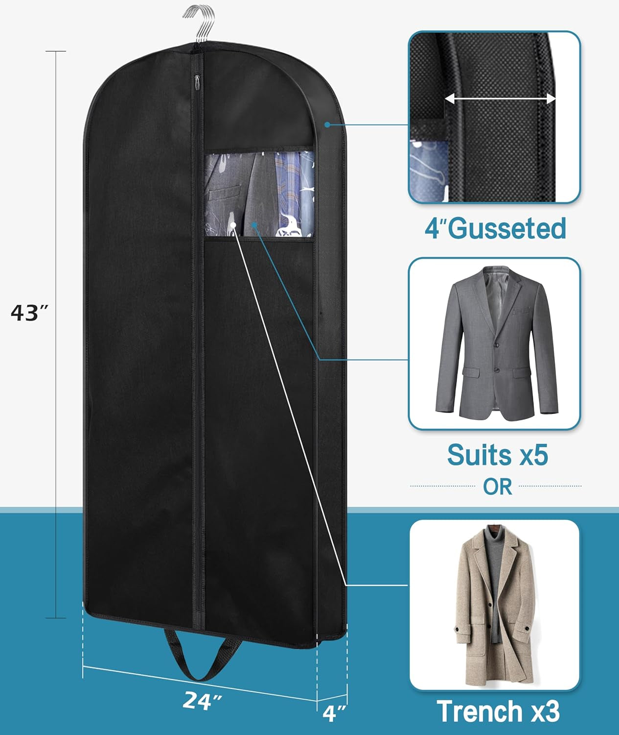 43" Suit Bags for Closet Storage and Travel, Gusseted Hanging Garment Bags for Men Suit Cover with Handles for Clothes, Coats, Jackets, Shirts（3 Packs）